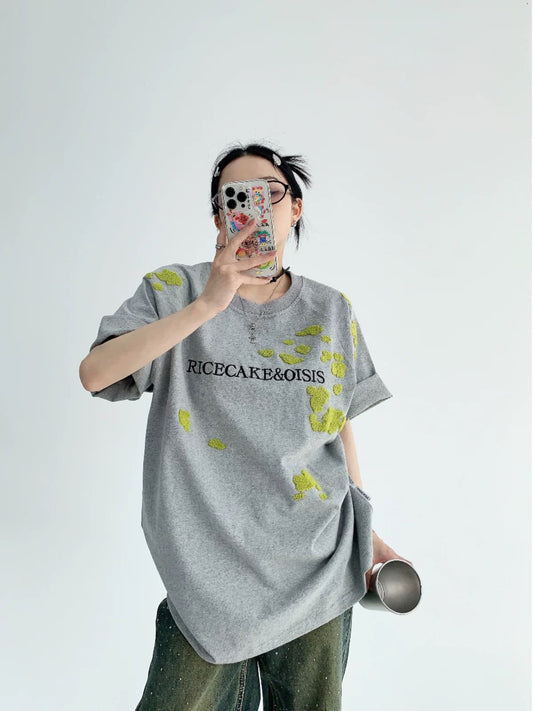 Waste wood summer American niche couple heavyweight towel embroidered short-sleeved oversize loose 300G pure cotton T-shirt for women