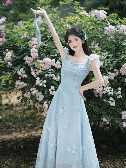 Summer cool women's clothing retro French fairy holiday style blue flying sleeve dress forest style tea break platycodon