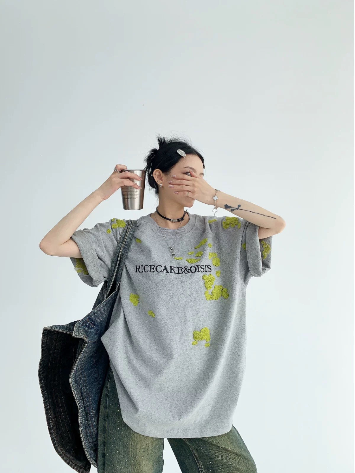 Waste wood summer American niche couple heavyweight towel embroidered short-sleeved oversize loose 300G pure cotton T-shirt for women