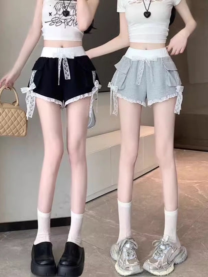 Design lace bow work shorts for women in summer contrasting colors sweet high waist loose slim casual wide leg pants
