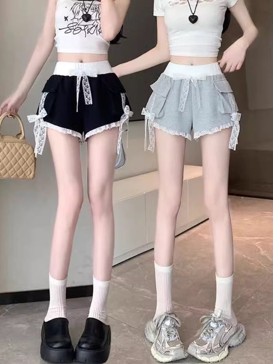 Design lace bow work shorts for women in summer contrasting colors sweet high waist loose slim casual wide leg pants