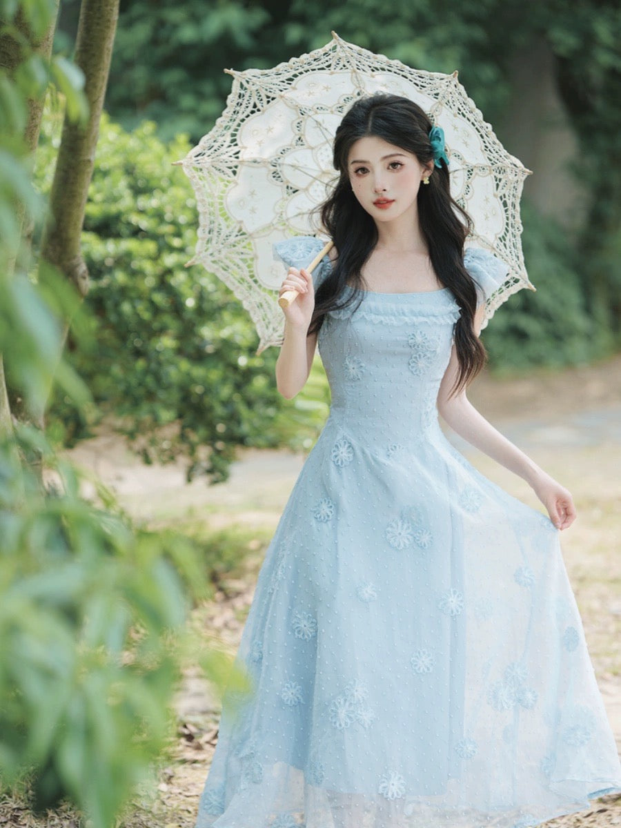 Summer cool women's clothing retro French fairy holiday style blue flying sleeve dress forest style tea break platycodon