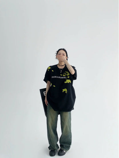 Waste wood summer American niche couple heavyweight towel embroidered short-sleeved oversize loose 300G pure cotton T-shirt for women