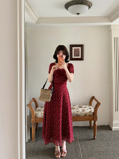 Lei Yingjun's [Rosemary Garden] French Retro Floral Dress, Summer Square Neck, Puff Sleeves, Lace Patchwork Long Dress