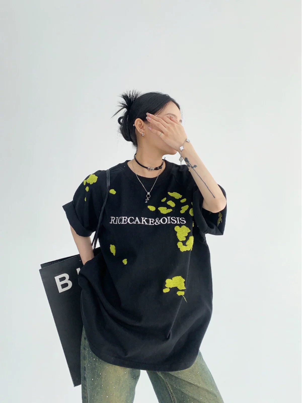 Waste wood summer American niche couple heavyweight towel embroidered short-sleeved oversize loose 300G pure cotton T-shirt for women
