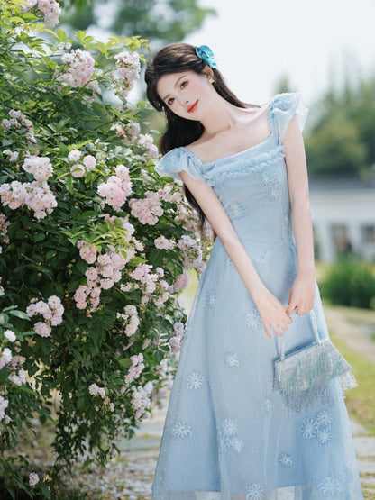 Summer cool women's clothing retro French fairy holiday style blue flying sleeve dress forest style tea break platycodon