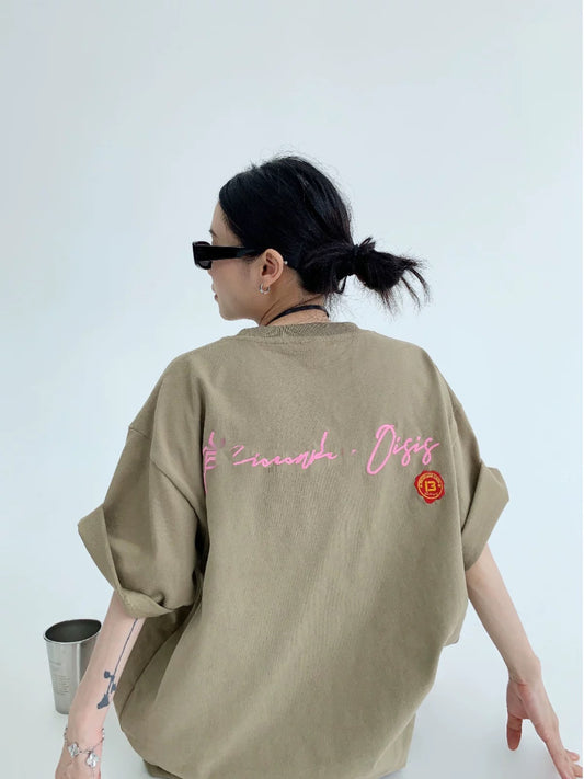 Waste-chai chic summer new 13th anniversary heavyweight 300G pure cotton embroidered short-sleeved T-shirt for women's trendy couple