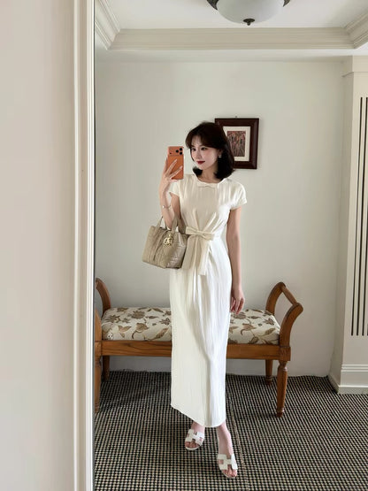 Lei Yingjun's [Frosty Glass] Satin Bow Dress for Women - Summer Elegant Slimming and Gentle Long Dress