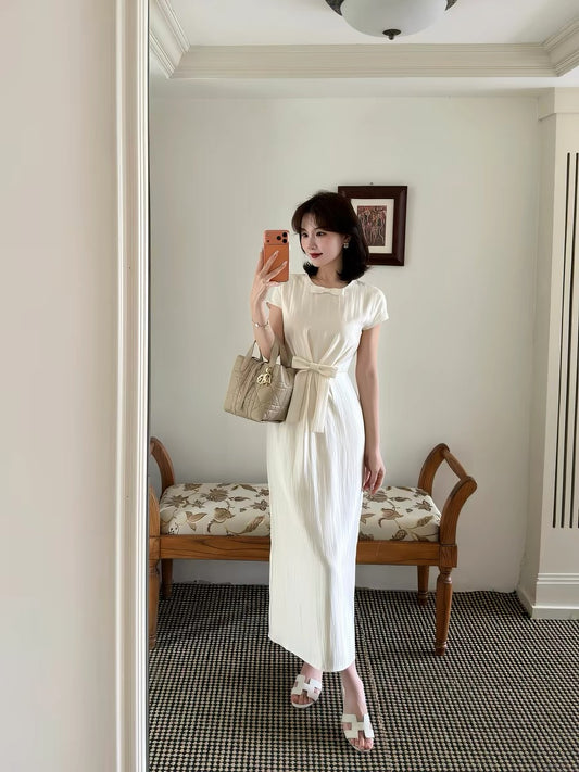 Lei Yingjun's [Frosty Glass] Satin Bow Dress for Women - Summer Elegant Slimming and Gentle Long Dress