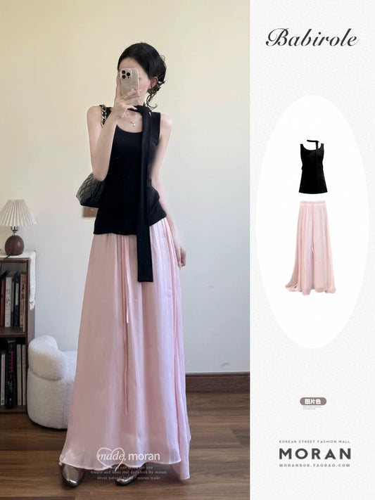 Halter sleeveless black vest top pink skirt two-piece set beautiful summer outfit a complete set of petite