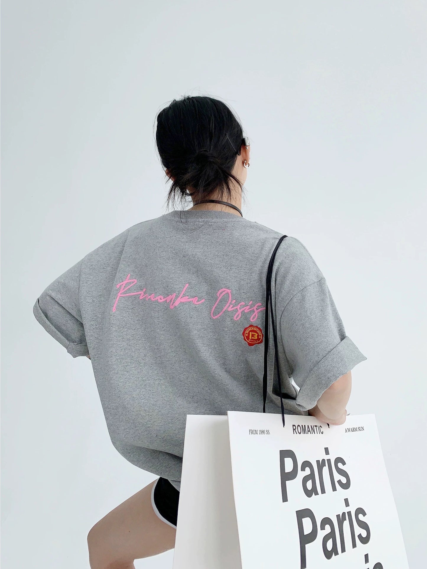 Waste-chai chic summer new 13th anniversary heavyweight 300G pure cotton embroidered short-sleeved T-shirt for women's trendy couple