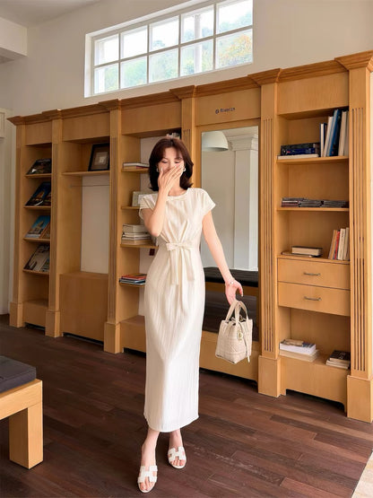Lei Yingjun's [Frosty Glass] Satin Bow Dress for Women - Summer Elegant Slimming and Gentle Long Dress