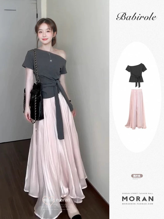 Summer beautiful outfit a complete set of skirts for women irregular straps off the shoulder short-sleeved T-shirt women's tops half-length skirt