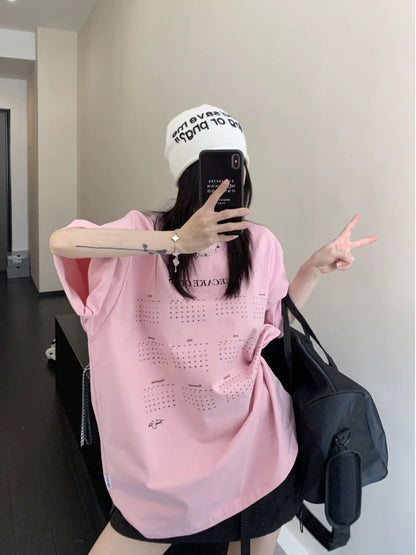 Wasteful chic summer high-end calendar printed cotton T-shirt loose retro casual minimalist couple short-sleeved women