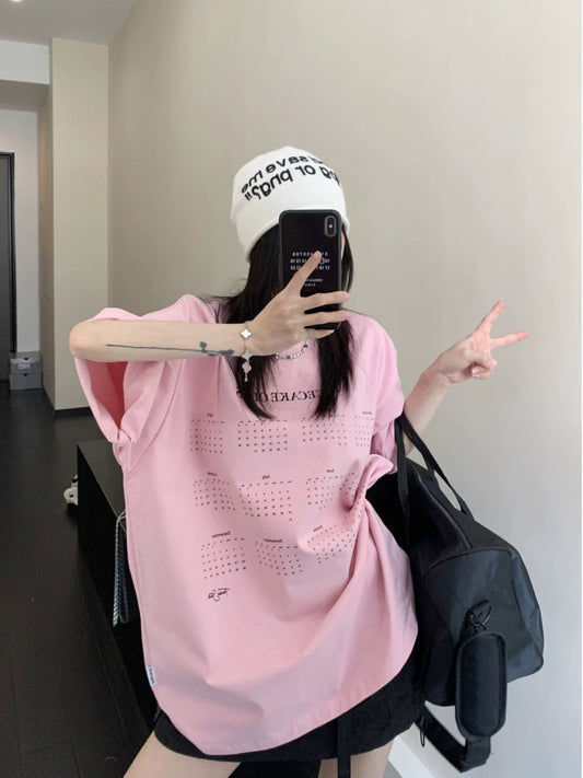 Wasteful chic summer high-end calendar printed cotton T-shirt loose retro casual minimalist couple short-sleeved women
