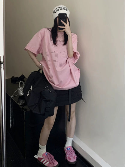 Wasteful chic summer high-end calendar printed cotton T-shirt loose retro casual minimalist couple short-sleeved women