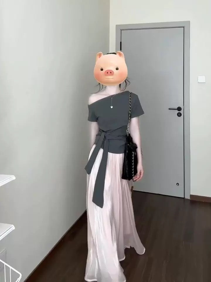 Summer beautiful outfit a complete set of skirts for women irregular straps off the shoulder short-sleeved T-shirt women's tops half-length skirt