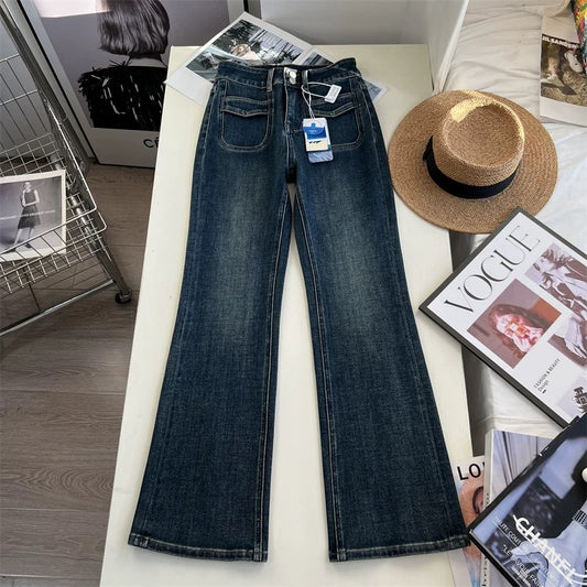 Long-legged unnie~! Retro-chic flared jeans, women's spring and autumn four-way stretch two-button slimming trousers