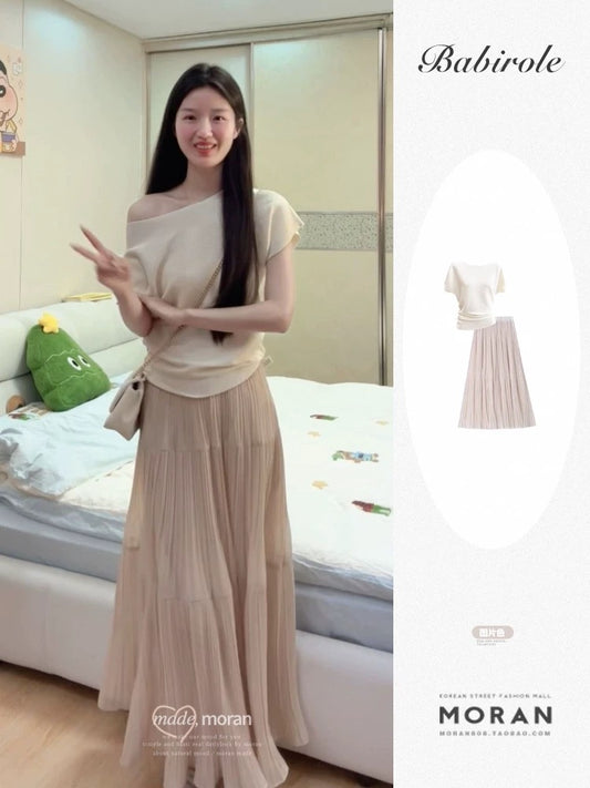 2025 summer new style high-end temperament gentle one-shoulder knitted short-sleeved top high waist skirt two-piece suit