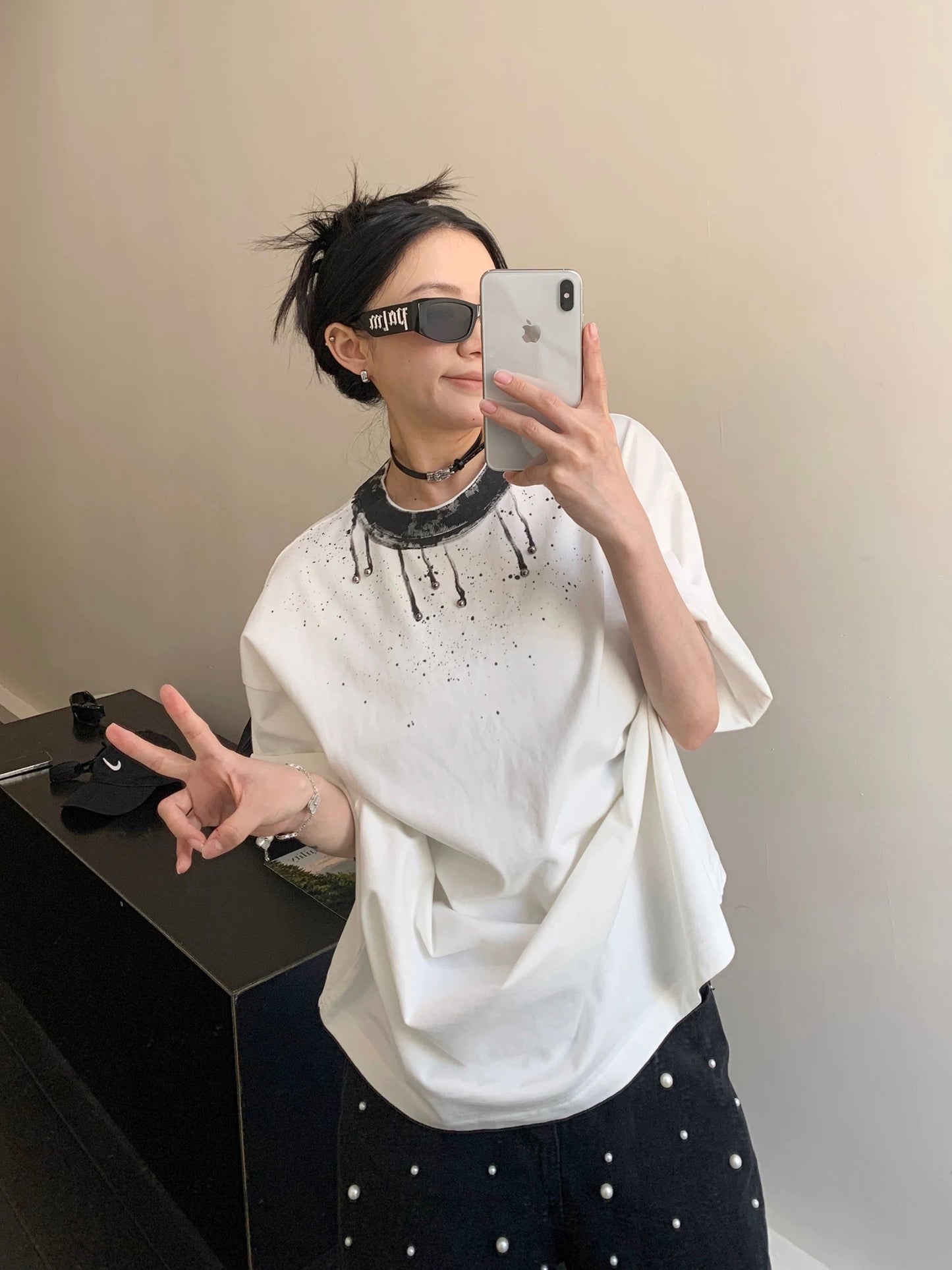 Waste wood summer American niche distressed pearl cotton short-sleeved women's loose retro design spray-painted T-shirt trendy