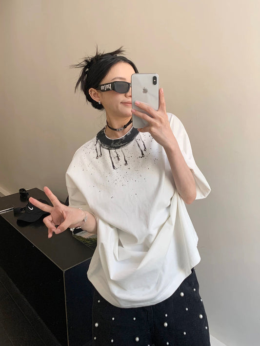 Waste wood summer American niche distressed pearl cotton short-sleeved women's loose retro design spray-painted T-shirt trendy