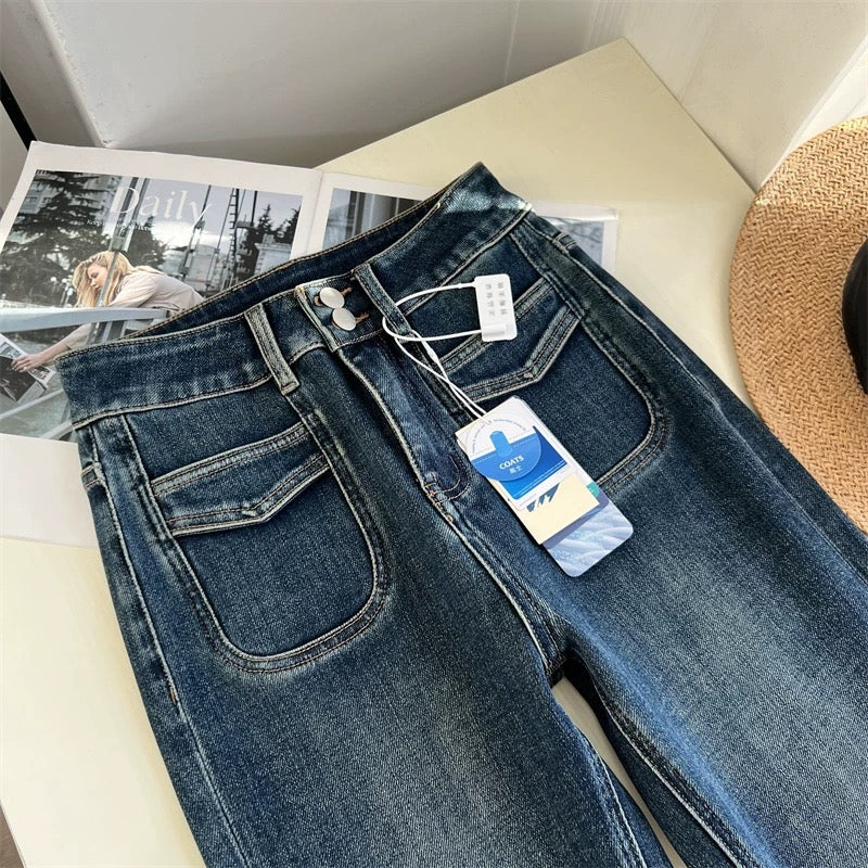Long-legged unnie~! Retro-chic flared jeans, women's spring and autumn four-way stretch two-button slimming trousers