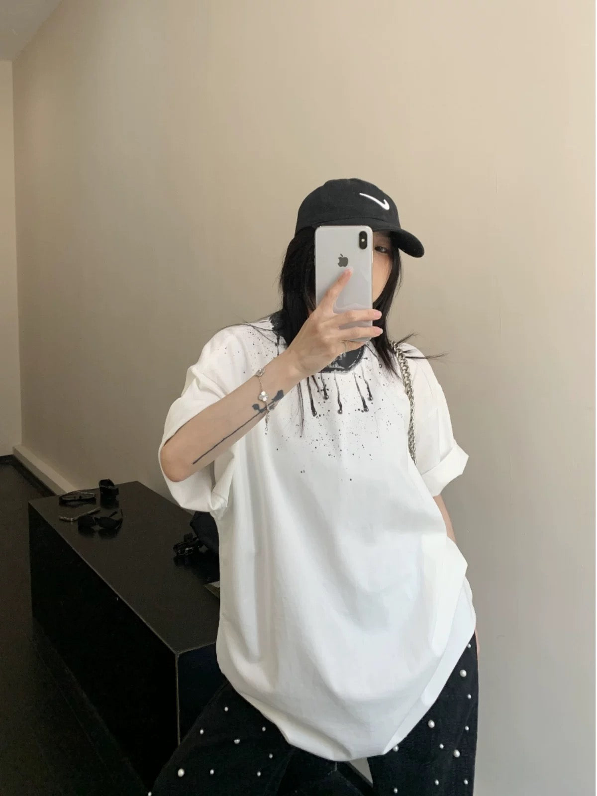 Waste wood summer American niche distressed pearl cotton short-sleeved women's loose retro design spray-painted T-shirt trendy