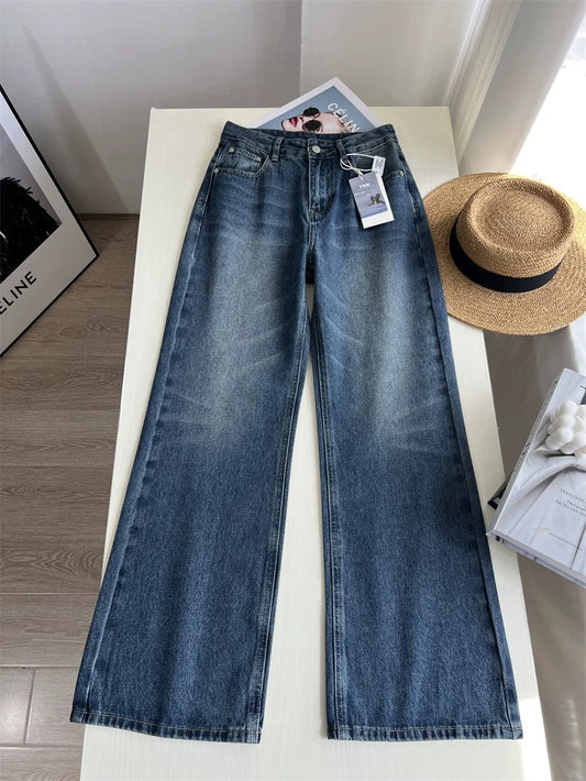 Long, slender legs! Stylish and retro high-waisted slim-fit wide-leg jeans for women.