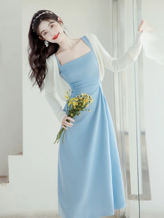 Summer dopamine blue suspender dress two-piece suit, beautiful seaside vacation beach dress, spring and summer fairy
