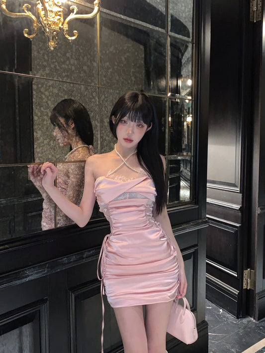 Sweet pear, wine-smoked cranberry, pink satin dress, beautiful tube top dress popular in summer this year for women