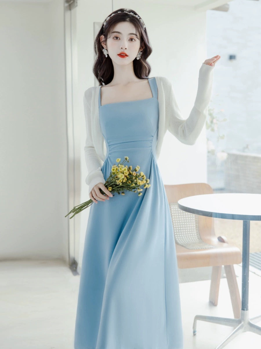 Summer dopamine blue suspender dress two-piece suit, beautiful seaside vacation beach dress, spring and summer fairy