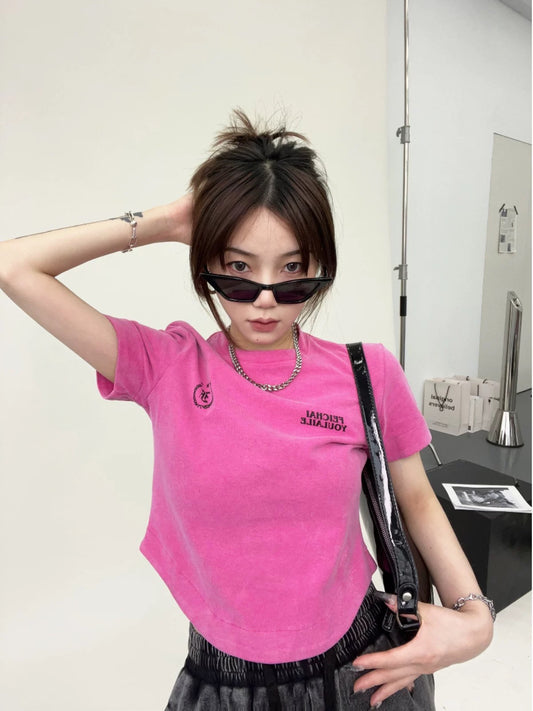 Waste wood summer ins American retro design short hot girl T-shirt women's heavy-duty old-shoulder pure cotton short-sleeved trend