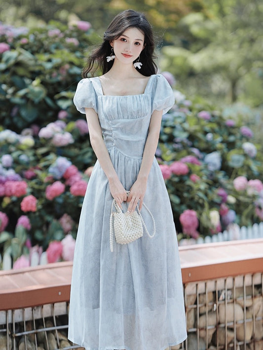 Tea break French style gentle style slimming temperament beautiful blue chiffon dress women summer high-end fairy dress