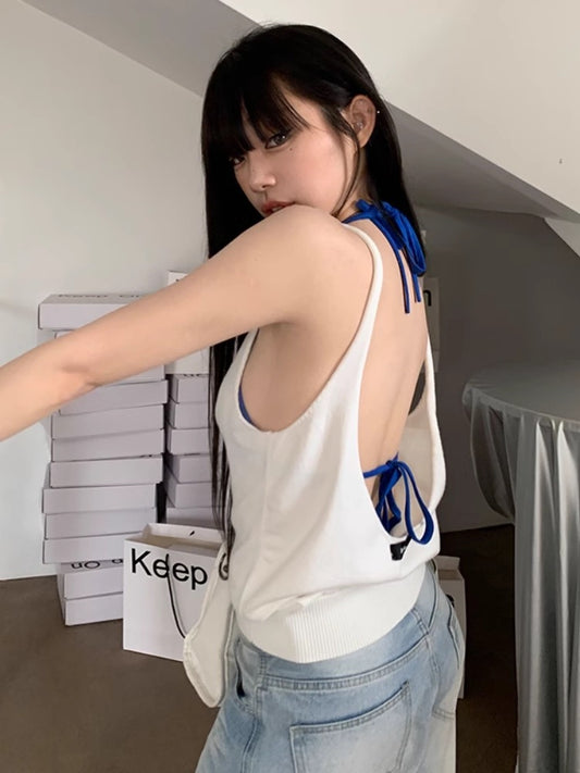 Pure desire lazy style casual knitted camisole vest for women in summer with hollowed-out back and loose hot girl ins top