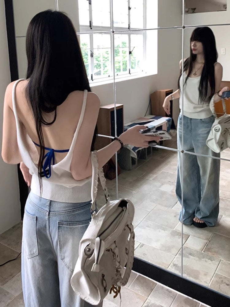 Pure desire lazy style casual knitted camisole vest for women in summer with hollowed-out back and loose hot girl ins top
