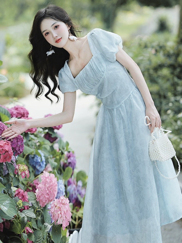 Tea break French style gentle style slimming temperament beautiful blue chiffon dress women summer high-end fairy dress