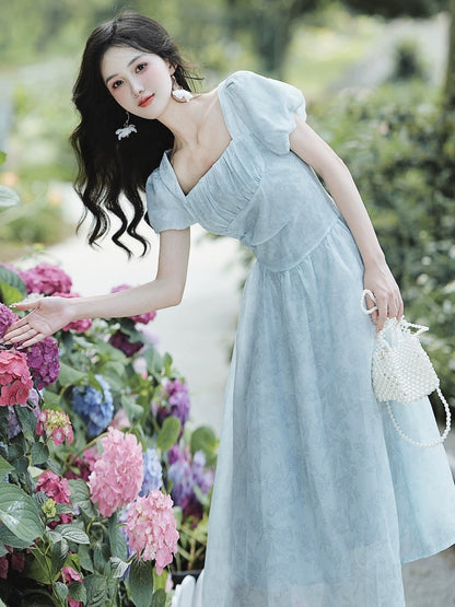 Tea break French style gentle style slimming temperament beautiful blue chiffon dress women summer high-end fairy dress