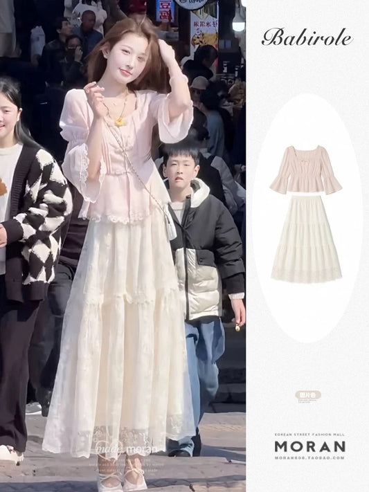 New Chinese style national style suit spring temperament slim high-end retro top + lace skirt two-piece suit for women