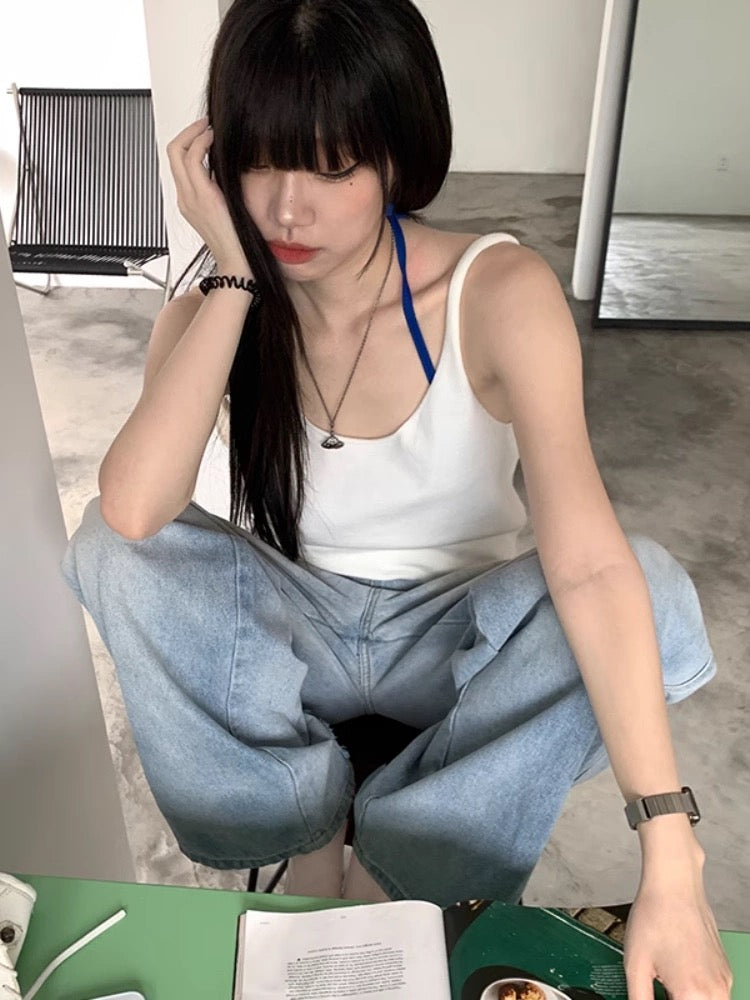 Pure desire lazy style casual knitted camisole vest for women in summer with hollowed-out back and loose hot girl ins top