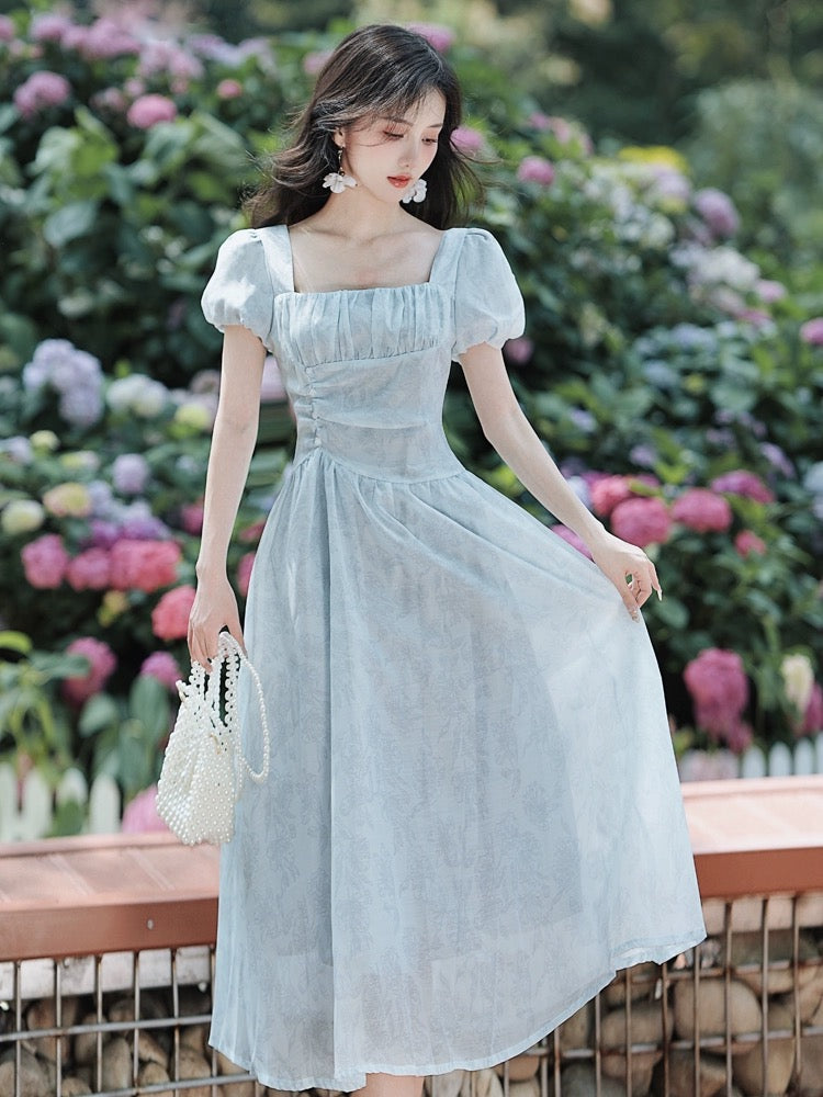 Tea break French style gentle style slimming temperament beautiful blue chiffon dress women summer high-end fairy dress