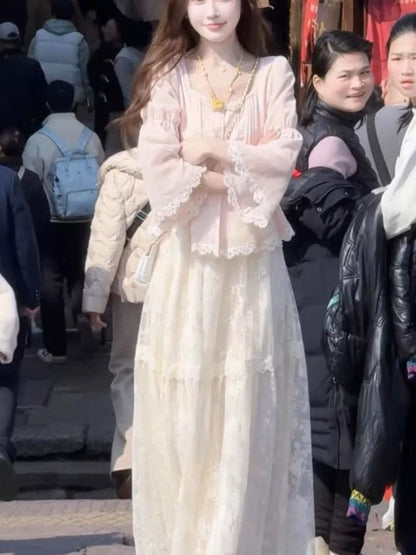 New Chinese style national style suit spring temperament slim high-end retro top + lace skirt two-piece suit for women
