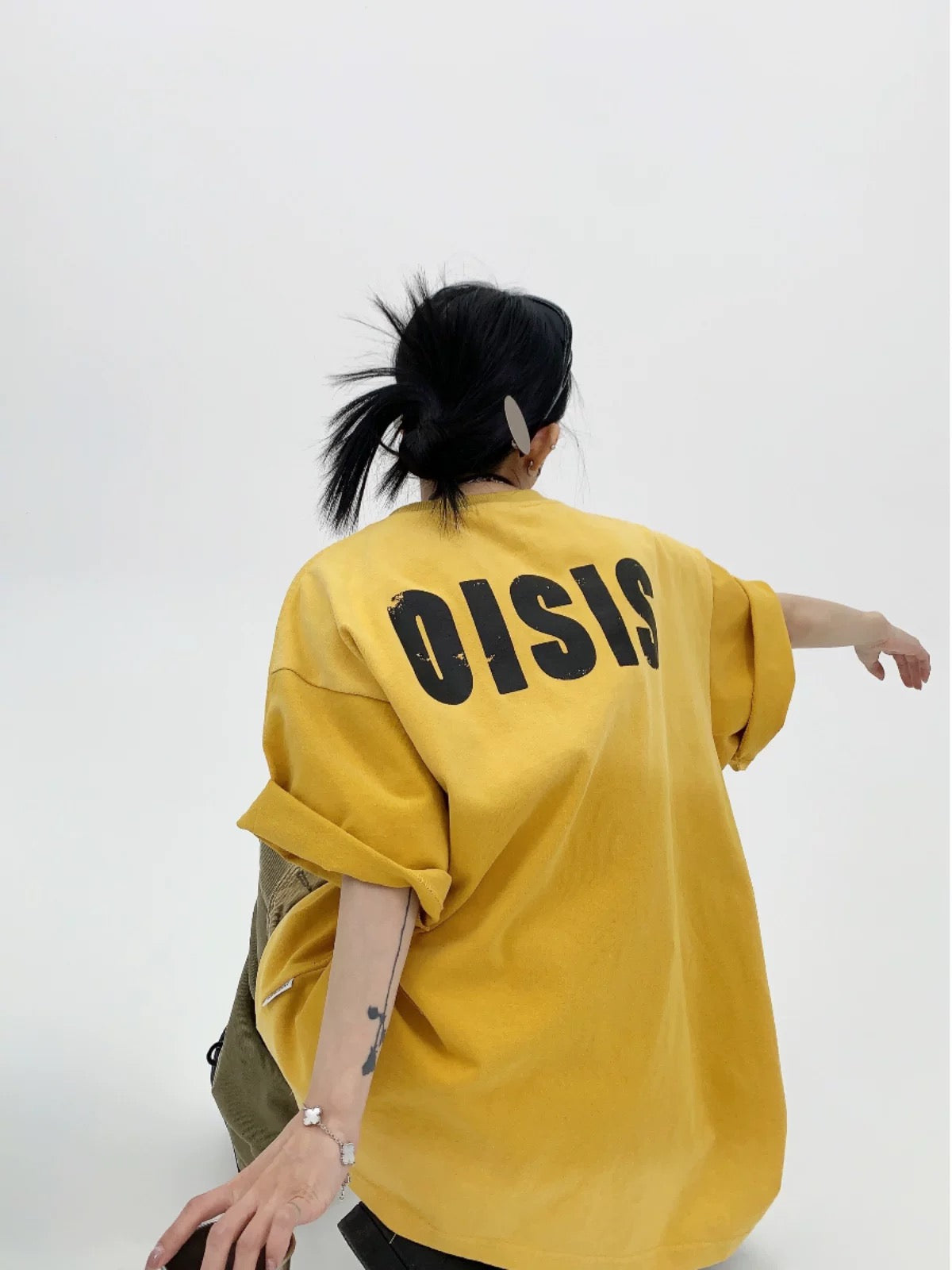 Waste wood summer American niche old print 300G pure cotton short-sleeved women's oversize yellow couple T-shirt trendy