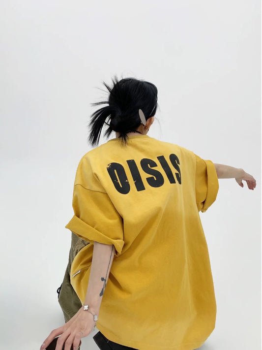 Waste wood summer American niche old print 300G pure cotton short-sleeved women's oversize yellow couple T-shirt trendy