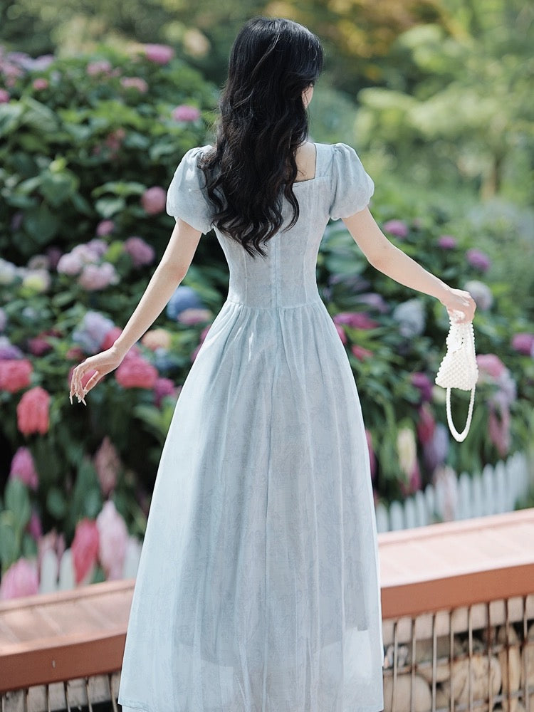 Tea break French style gentle style slimming temperament beautiful blue chiffon dress women summer high-end fairy dress