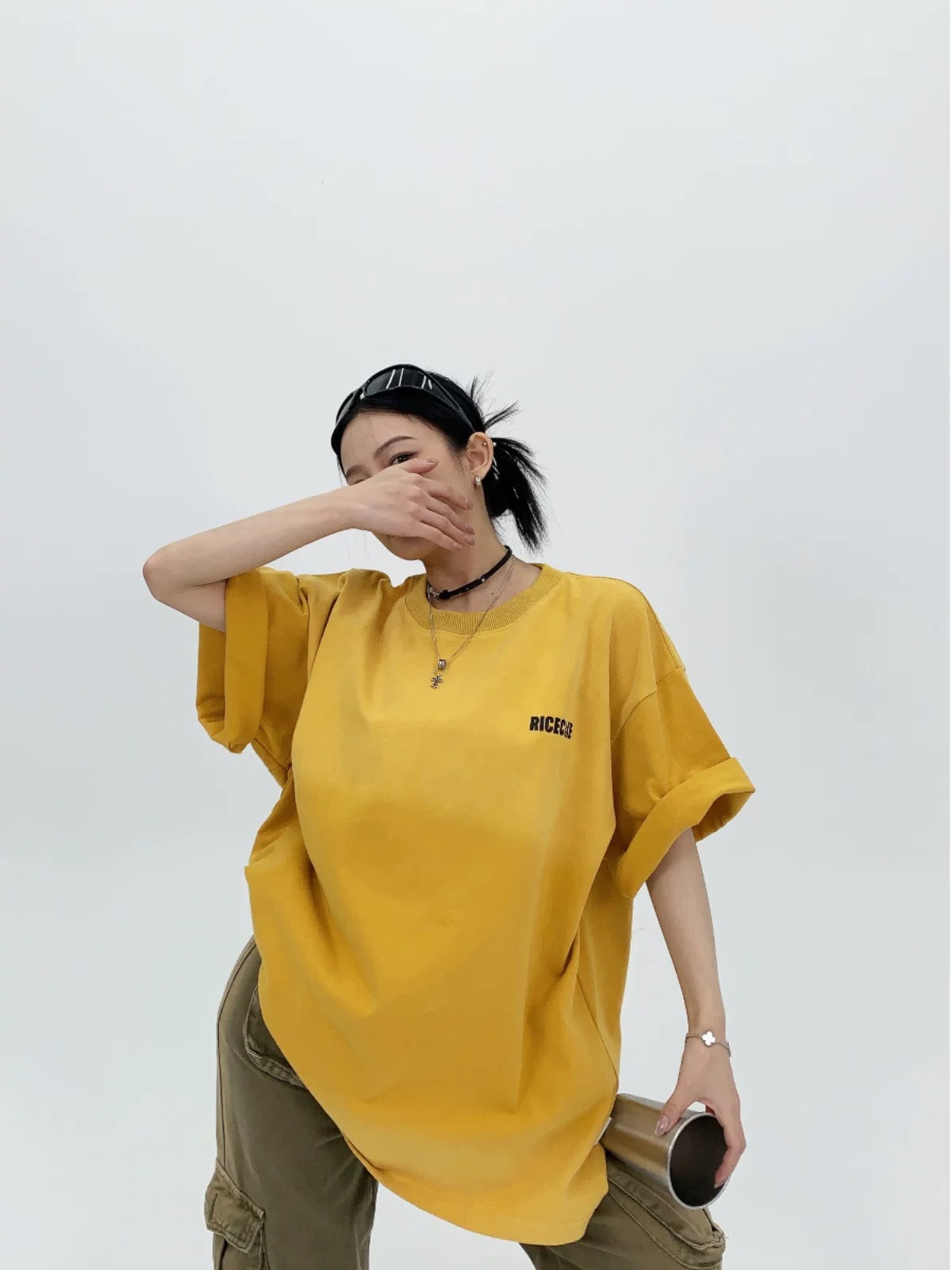 Waste wood summer American niche old print 300G pure cotton short-sleeved women's oversize yellow couple T-shirt trendy