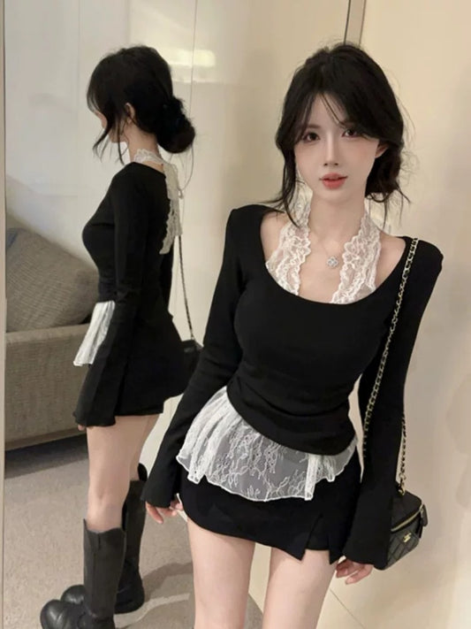 Pure desire design temperament lace halter neck long-sleeved bottoming shirt for women autumn and winter plus velvet slim fit fake two-piece top