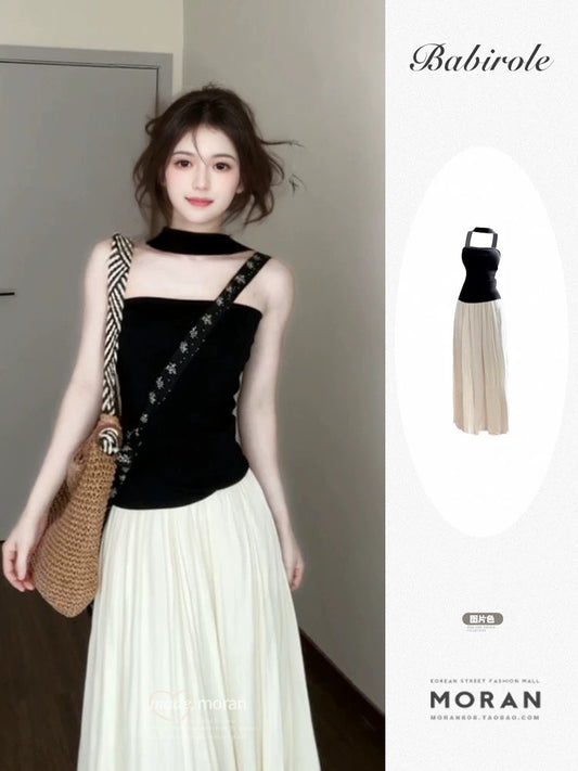 French black halter neck suspender top heart women summer sleeveless tube top hot girl suit skirt pure desire to wear a complete set