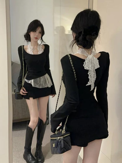Pure desire design temperament lace halter neck long-sleeved bottoming shirt for women autumn and winter plus velvet slim fit fake two-piece top