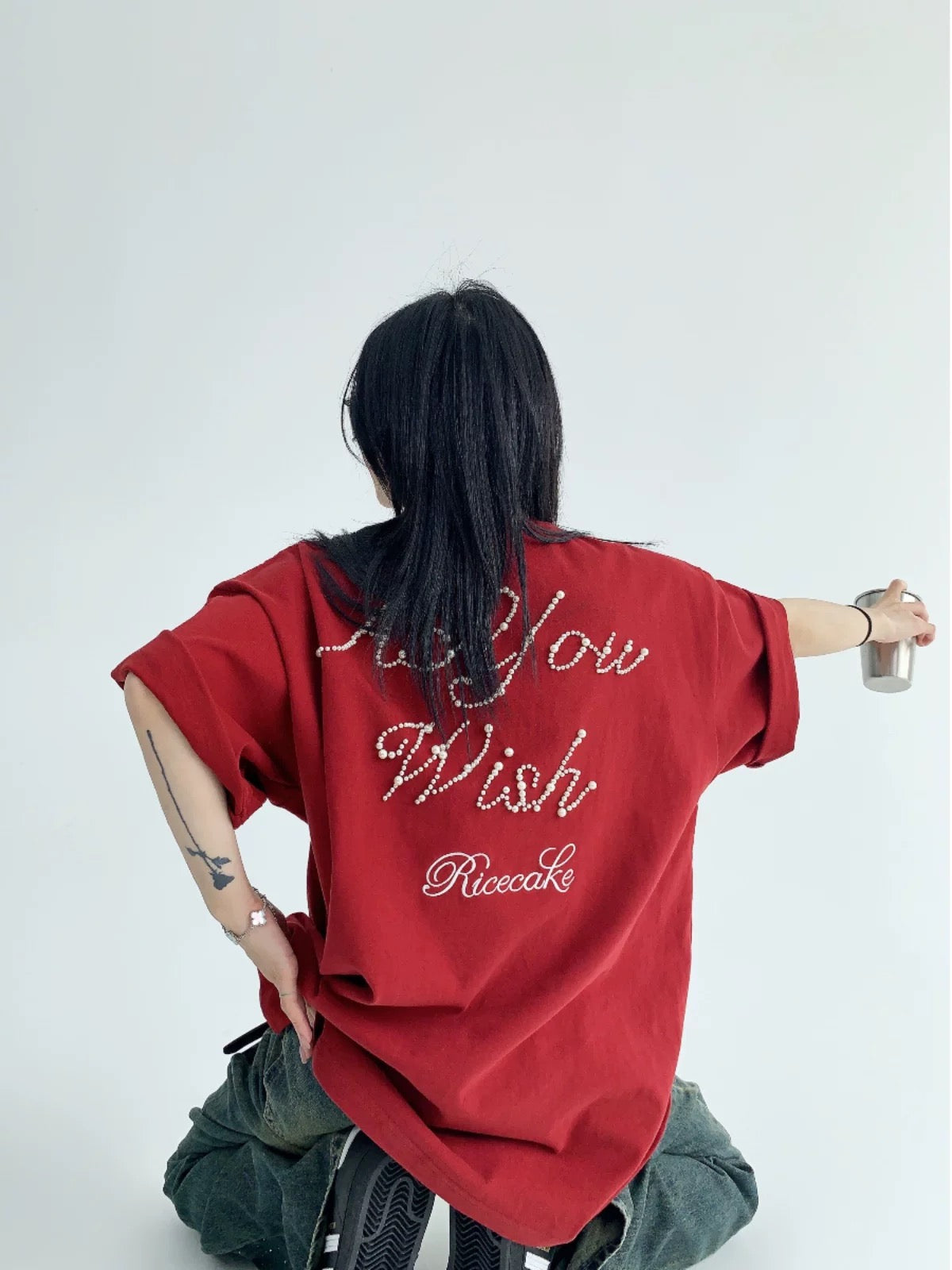 Waste wood chic summer American niche nailed pearl cotton T-shirt loose retro couple embroidered short-sleeved women's and men's trendy