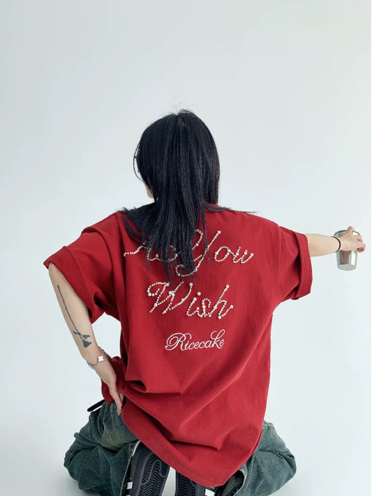 Waste wood chic summer American niche nailed pearl cotton T-shirt loose retro couple embroidered short-sleeved women's and men's trendy
